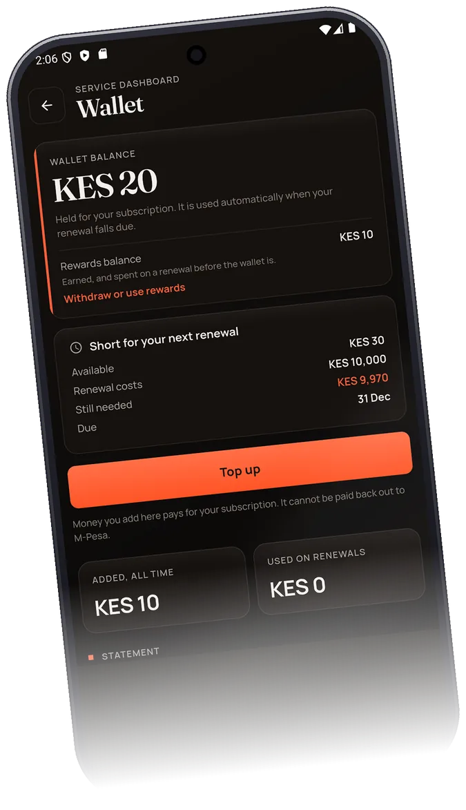 The wallet screen on Android, showing wallet balance, rewards and what the next renewal needs.